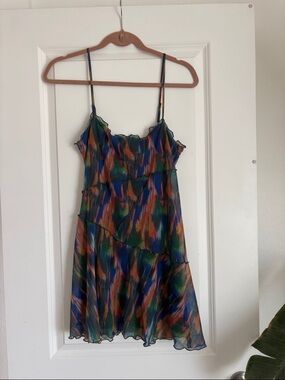 Multicolor Watercolor Print Silk Slip Dress